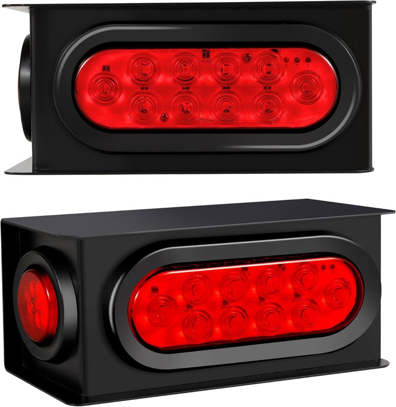 RUNHWEE 2PCS Steel Trailer Light Box Kit with 6" Oval Red 10-LED Tail Lights, Reverse Lights & 2" Round Red 4-LED Side Marker Lights, Includes Grommets & Wire Connectors - Image 1